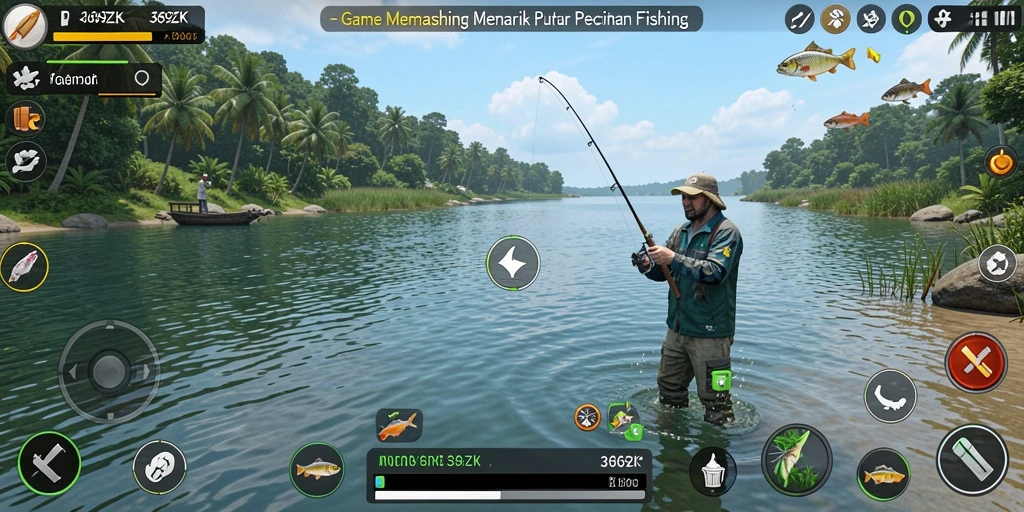 Tampilan utama gameplay memancing di 369ZK dengan ikan dan alat pancing.