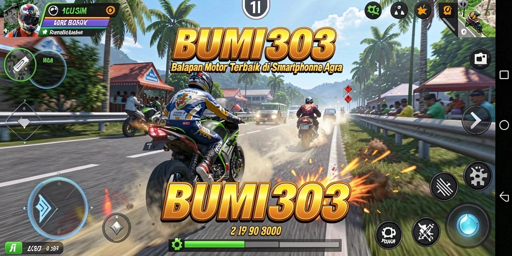 Screenshot gameplay BUMI303 yang menampilkan aksi balapan motor yang seru.