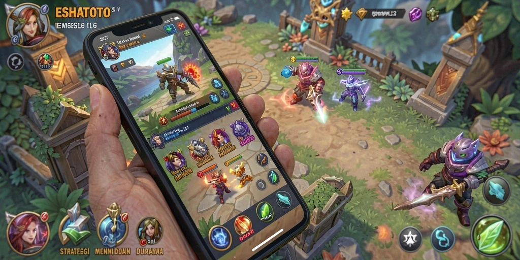 Tampilan gameplay ESHATOTO dengan pertempuran seru dan strategi membangun.