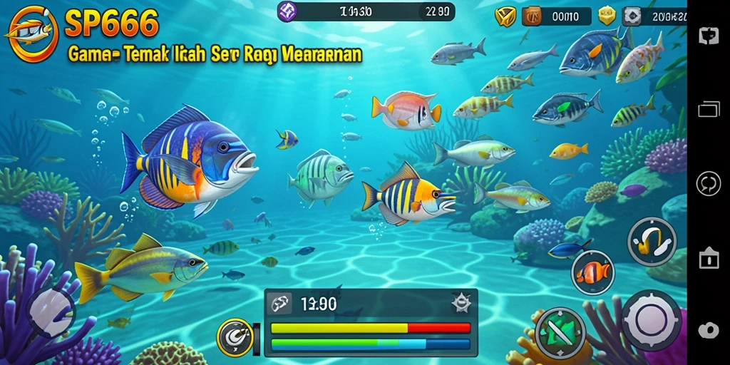 Tampilan gameplay seru dari SP666, menangkap ikan dengan senjata beragam.