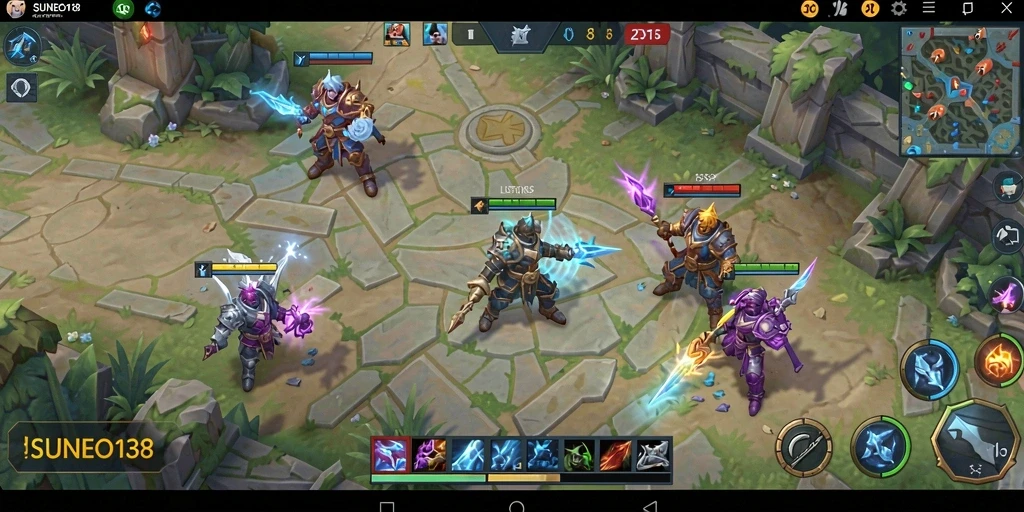 Tampilan utama gameplay <strong>SUNEO138</strong> menunjukkan pertarungan seru di arena MOBA.