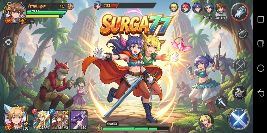 Screenshot gameplay <strong>SURGA77</strong> yang menampilkan pertarungan karakter anime.